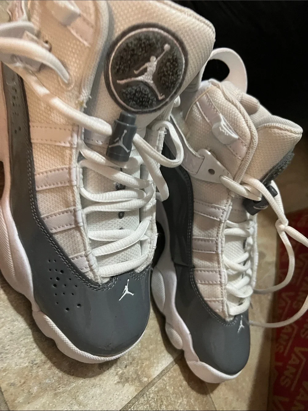 Jordan High-Top Sneakers in White and Gray Patent